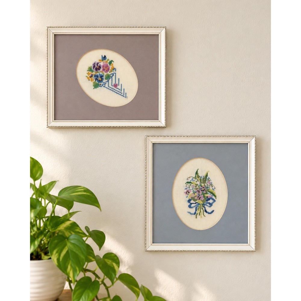 Vintage Handmade Pastel Floral Needlepoint Pair Framed Cottagecore Grannycore